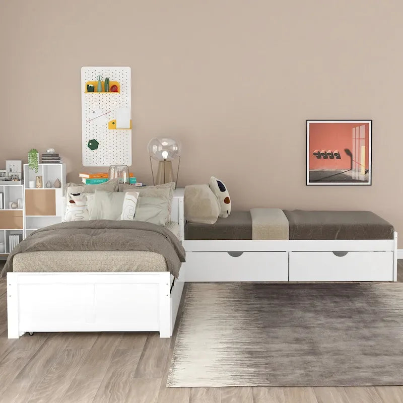 Lit plateforme en L moderne blanc de taille double avec lit gigogne et tiroirs pour chambre à coucher