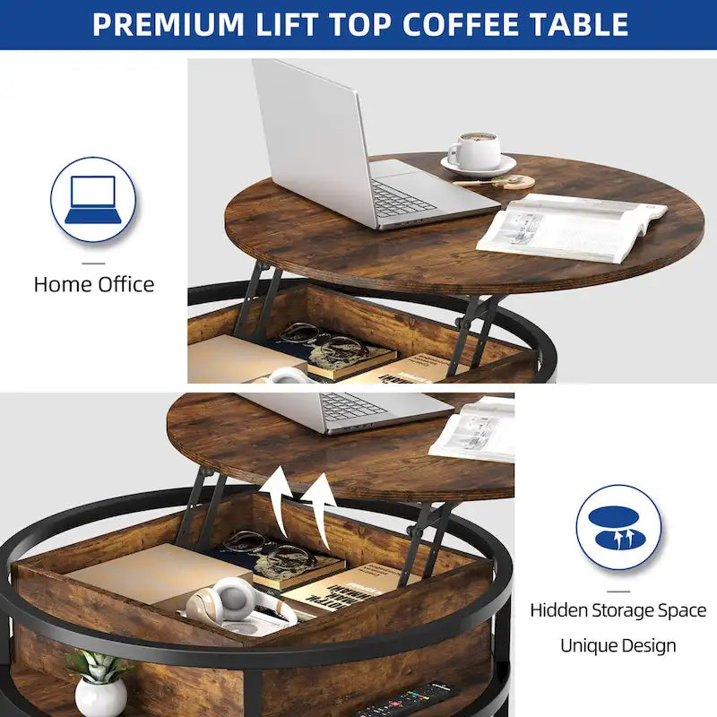 Table basse ronde relevable Moasis Farmhouse avec rangement dissimulé et étagère