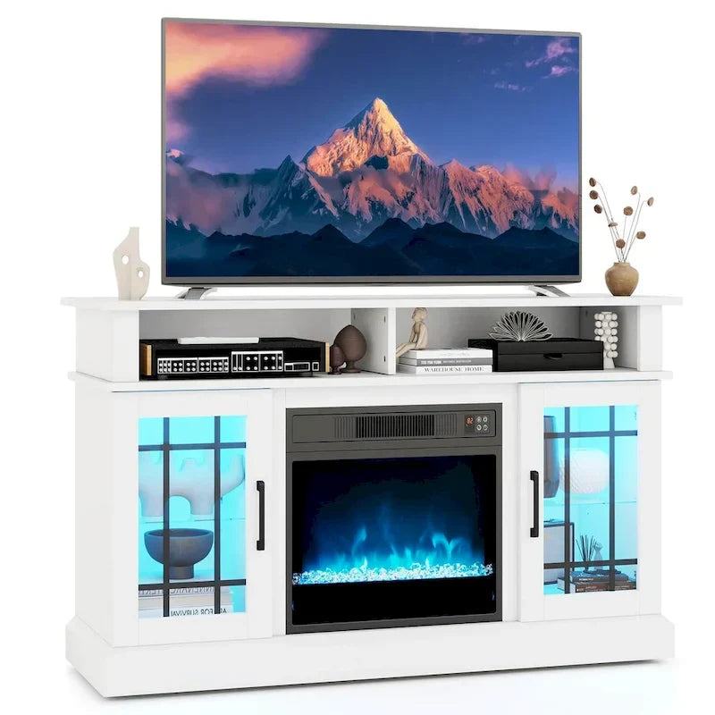Meuble TV avec cheminée électrique, lumières LED et télécommandes
