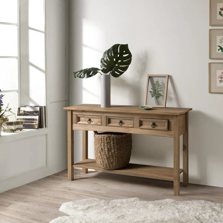 Console de couloir rustique en pin massif, blanc cérusé / marron antique / gris cérusé / non peinte, 3 tiroirs