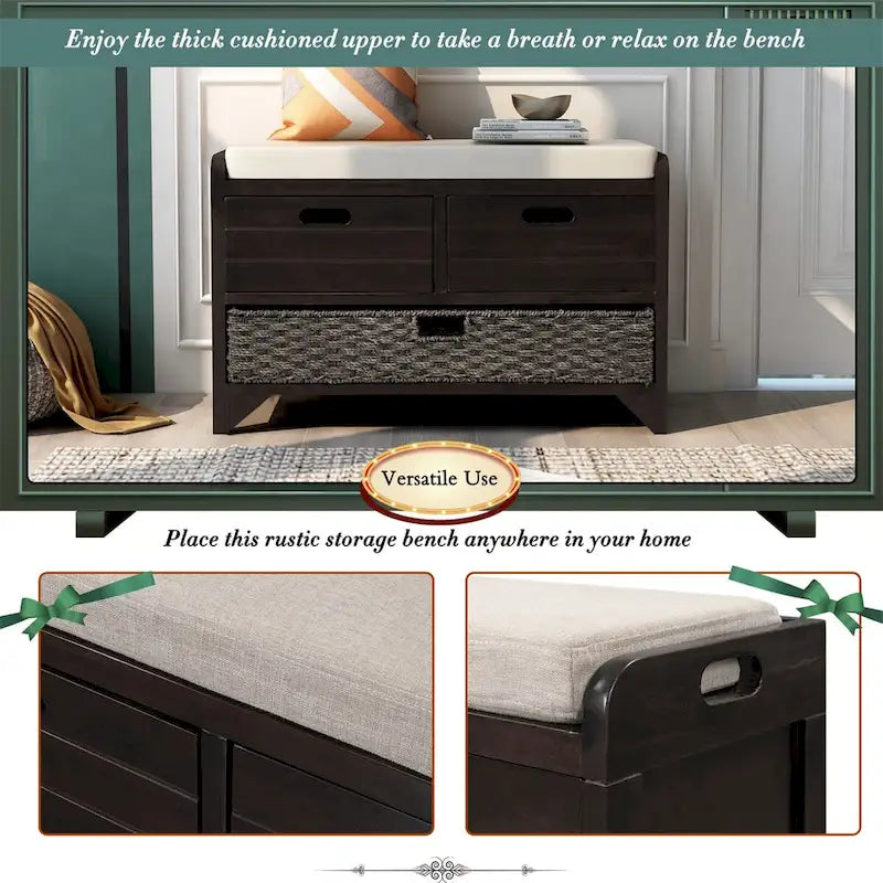 Banc de rangement en bois avec 2 paniers tressés