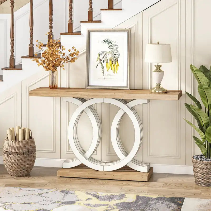Console de style vintage avec base géométrique, table de couloir en bois