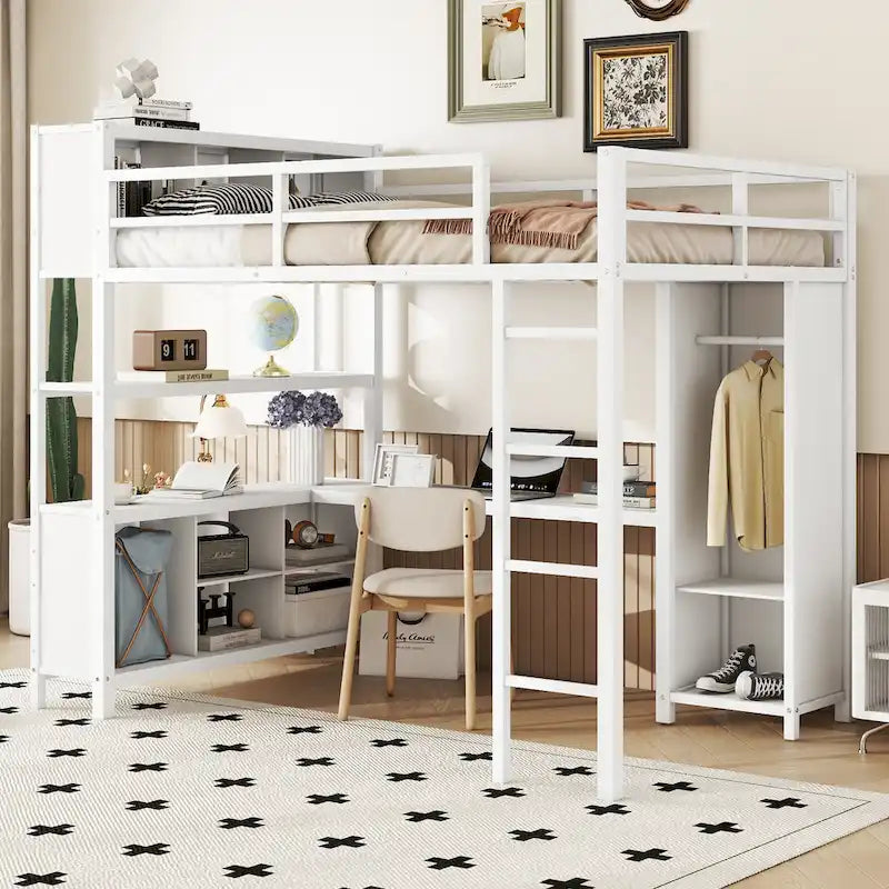Lit mezzanine en métal blanc cassé avec bureau et armoire - Grand lit