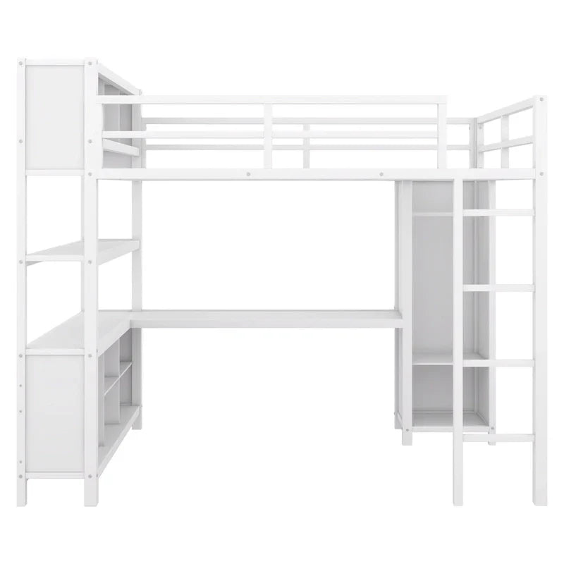 Lit mezzanine en métal blanc cassé avec bureau et armoire - Grand lit