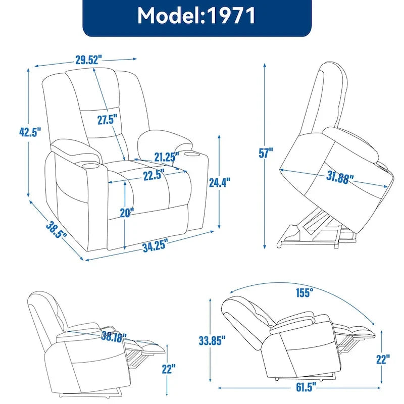 Fauteuil inclinable Power Lift avec massage et chaleur, fauteuils inclinables larges et rembourrés Lazy Boy avec ports USB, Type C et 2 porte-gobelets en acier