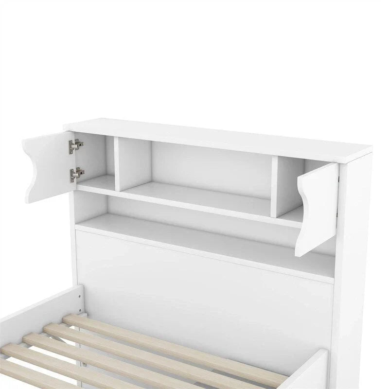 Lit plateforme capitaine double/grand avec 4 tiroirs et étagères de rangement, cadre de lit en bois massif avec tête de lit bibliothèque de rangement