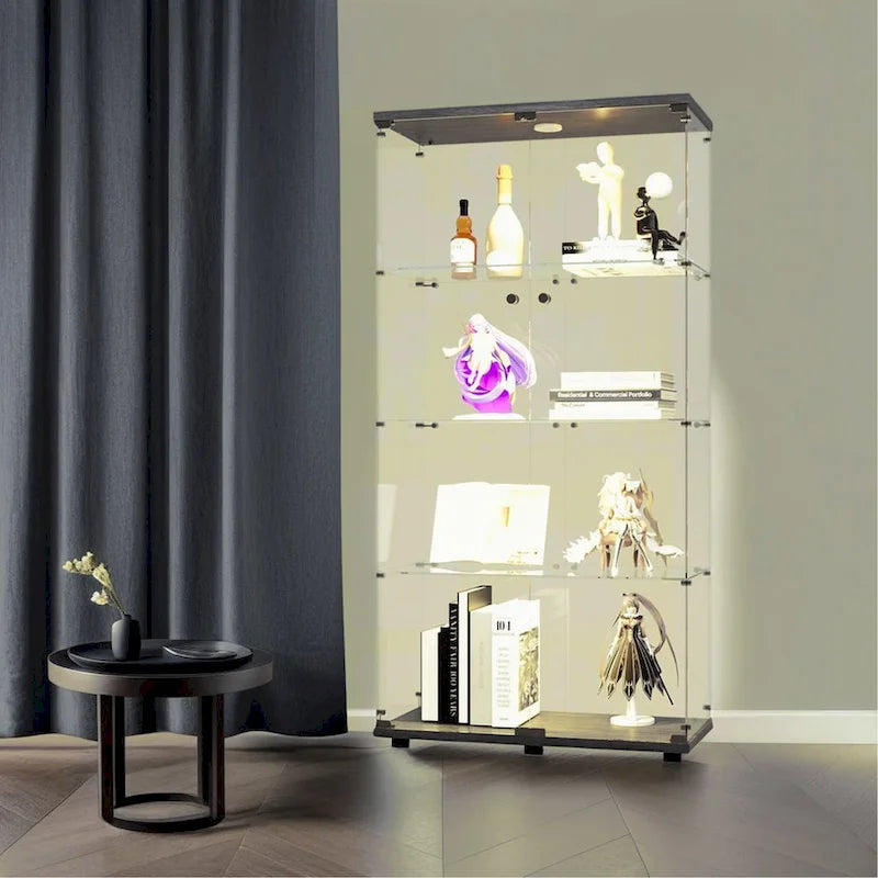 Vitrine en verre éclairée à deux portes avec 4 étagères, noire