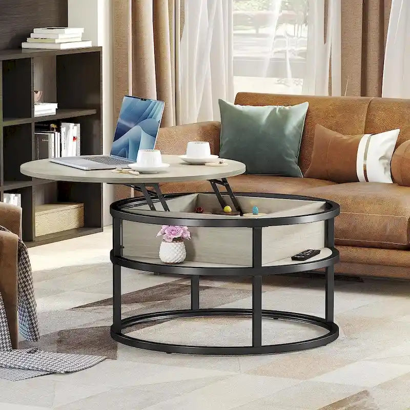 Table basse ronde relevable Moasis Farmhouse avec rangement dissimulé et étagère