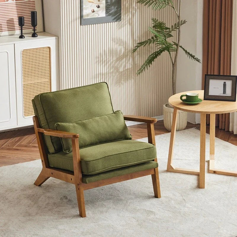 Fauteuil d'appoint rembourré en mélange de lin avec pieds en bois et un oreiller beige