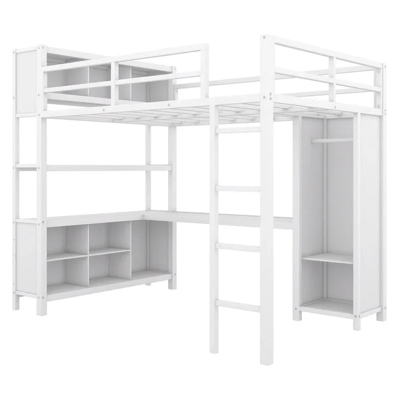 Lit mezzanine en métal blanc cassé avec bureau et armoire - Grand lit