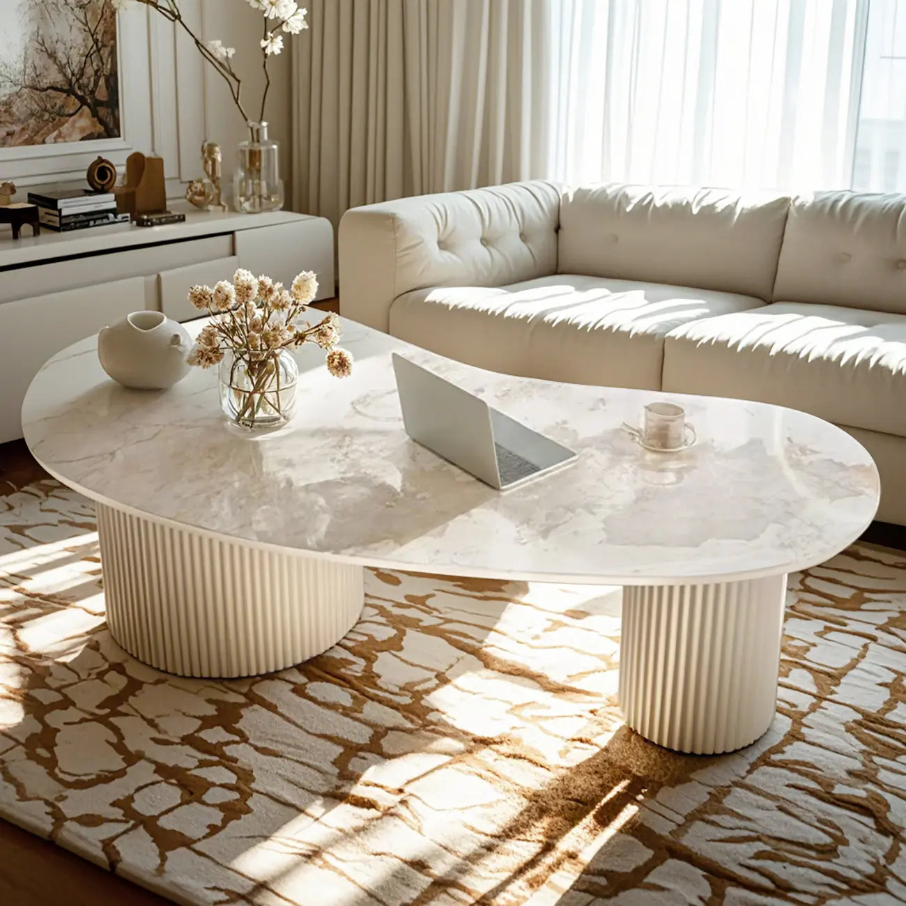 Table basse ovale standard blanche minimaliste avec 2 tiroirs