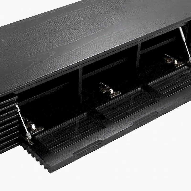 Meuble TV minimaliste avec tiroirsConsole multimédia en bois massif avec placards, porte abattante, placage noyer, entièrement assemblé