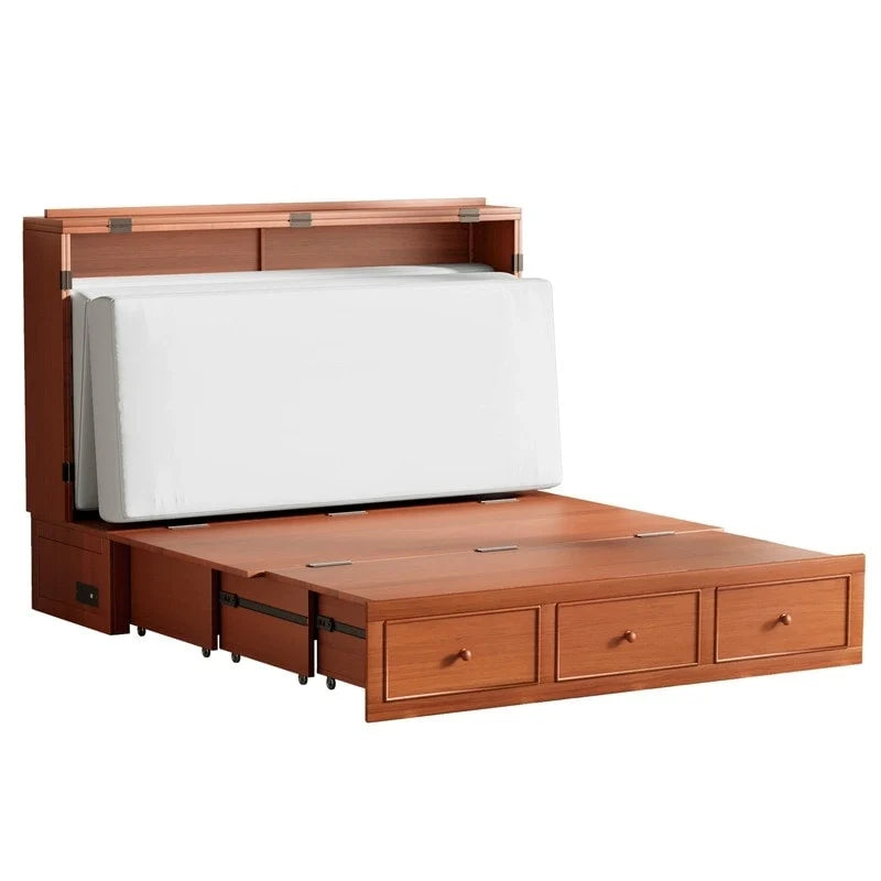 Lit escamotable avec matelas pliable, lit-armoire cube moderne avec tiroir de rangement et station de charge USB