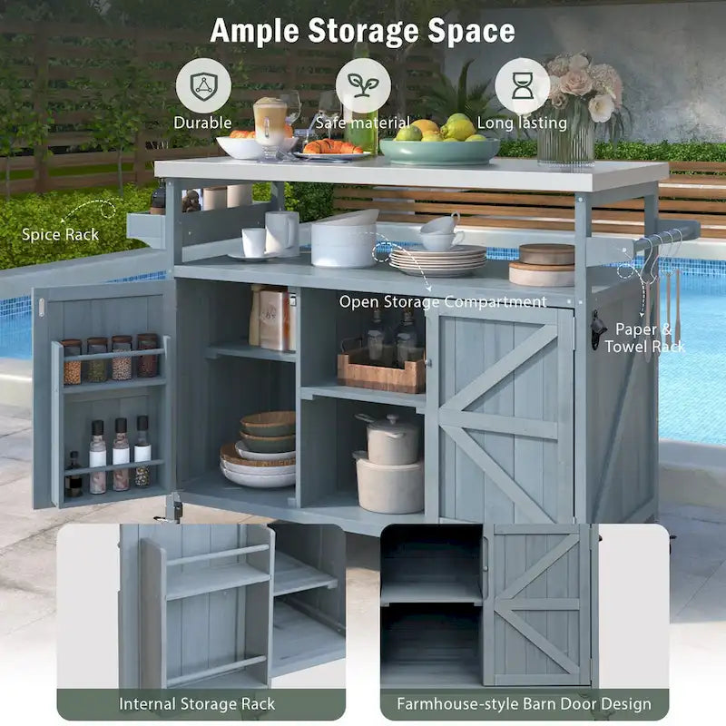 Îlot de cuisine extérieur, chariot de bar roulant et meuble de rangement, table de grillade en bois massif avec plateau en acier inoxydable, porte-épices, porte-serviettes