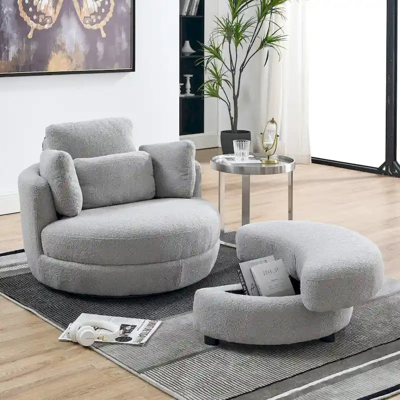 Fauteuil crapaud pivotant surdimensionné avec pouf de rangement lune