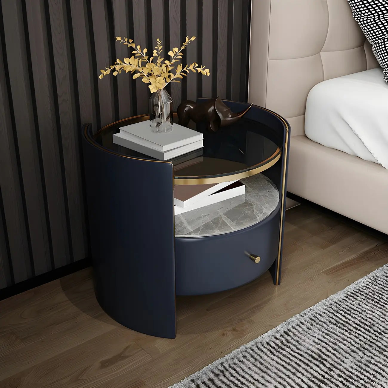 Table de chevet de luxe en verre avec tiroir de rangement et niche ouverte