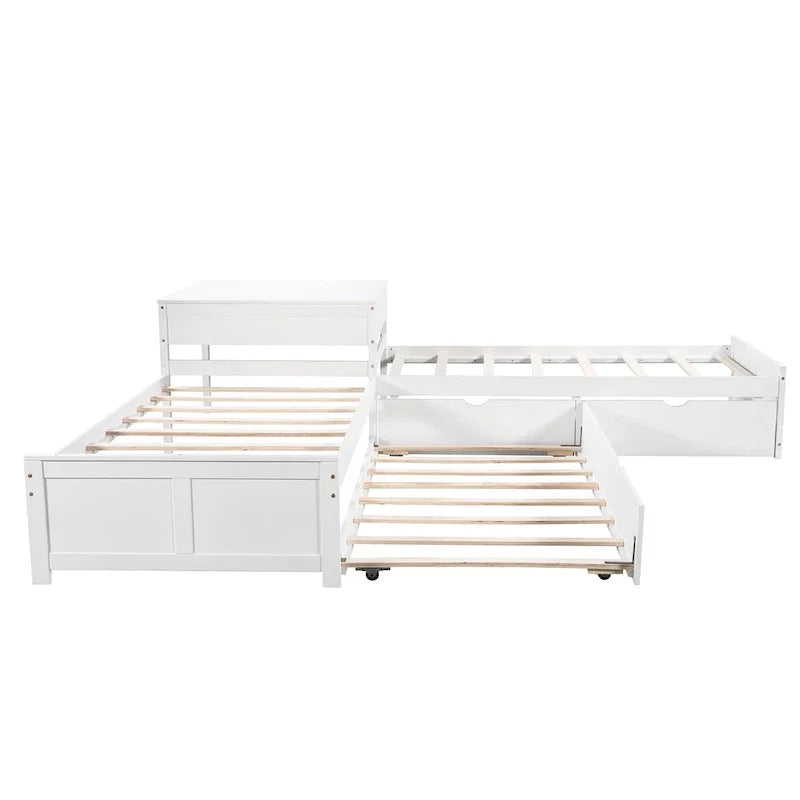Lit plateforme en L moderne blanc de taille double avec lit gigogne et tiroirs pour chambre à coucher