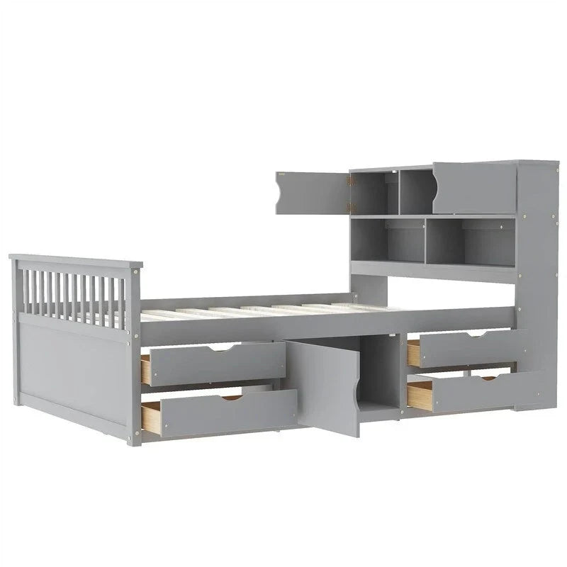 Lit plateforme capitaine double/grand avec 4 tiroirs et étagères de rangement, cadre de lit en bois massif avec tête de lit bibliothèque de rangement