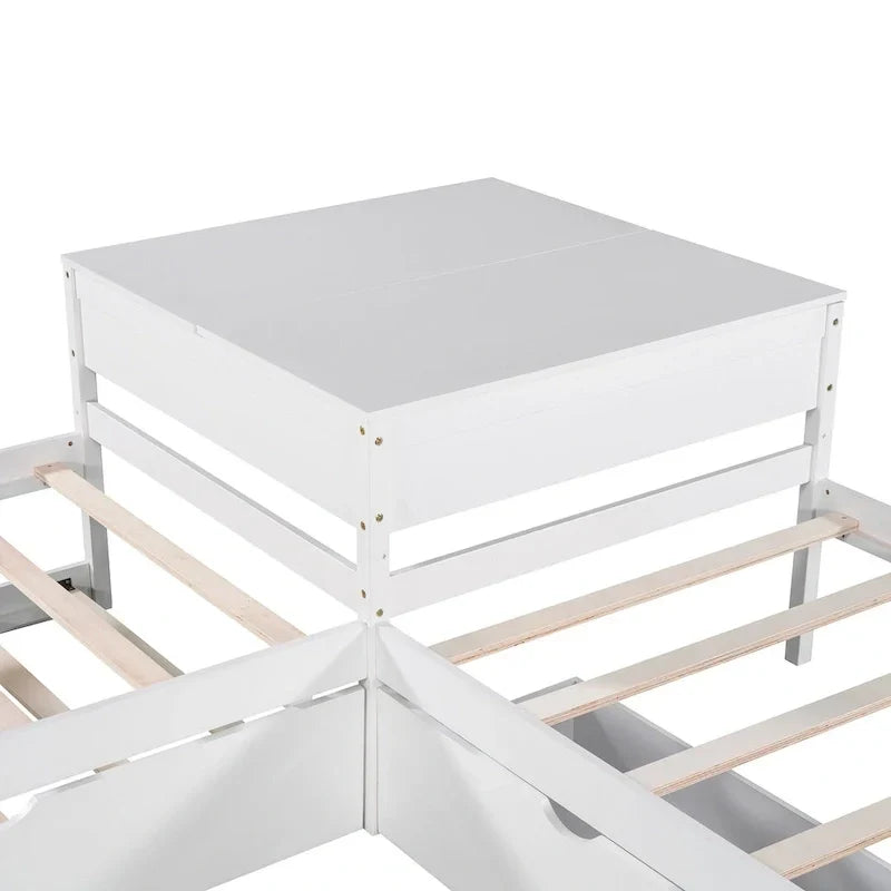 Lit plateforme en L moderne blanc de taille double avec lit gigogne et tiroirs pour chambre à coucher
