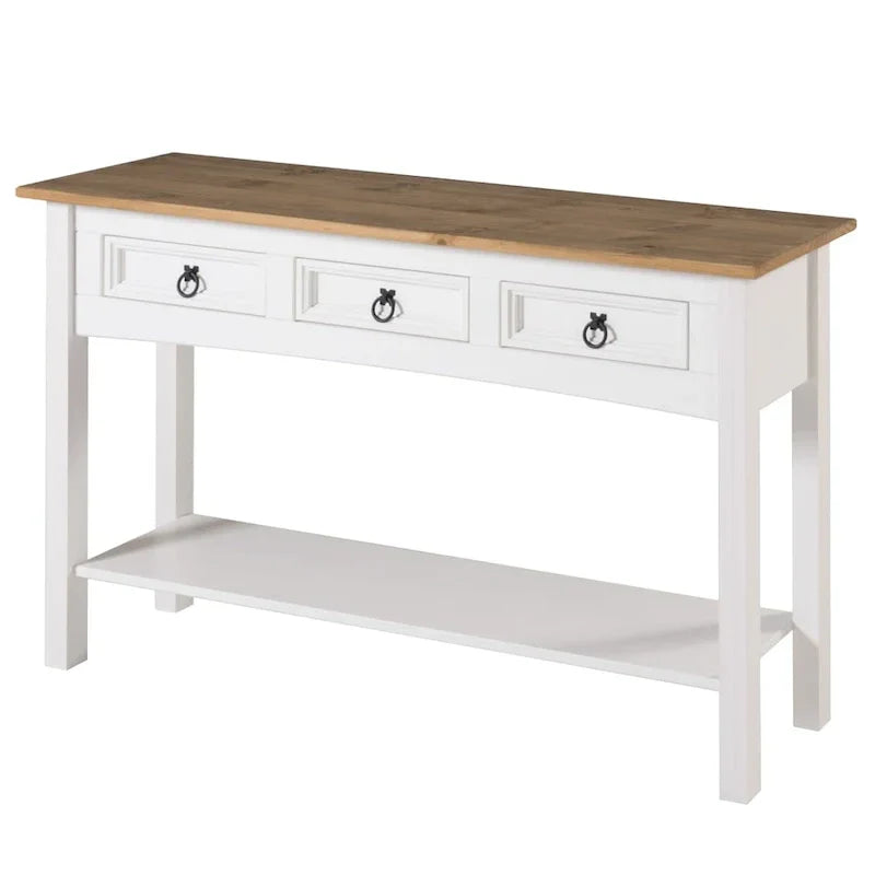 Console de couloir rustique en pin massif, blanc cérusé / marron antique / gris cérusé / non peinte, 3 tiroirs