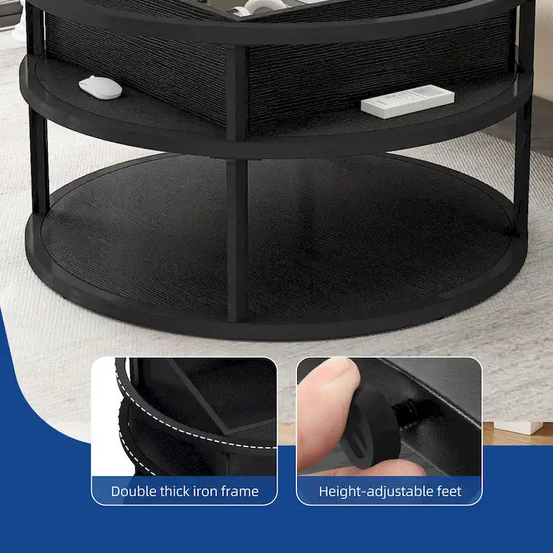 Table basse ronde relevable Moasis Farmhouse avec rangement dissimulé et étagère