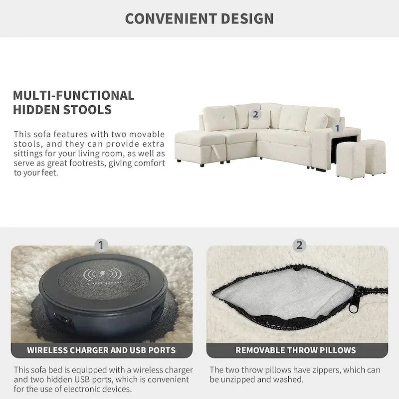 Canapé d'angle convertible avec pouf de rangement, canapé-lit pour salon