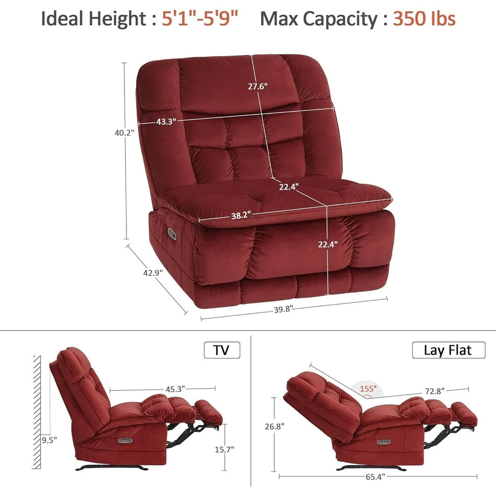 MCombo Fauteuil inclinable électrique sans accoudoirs surdimensionné à double moteur, inclinable Zeroarms parfait pour le salon en tissu PR607
