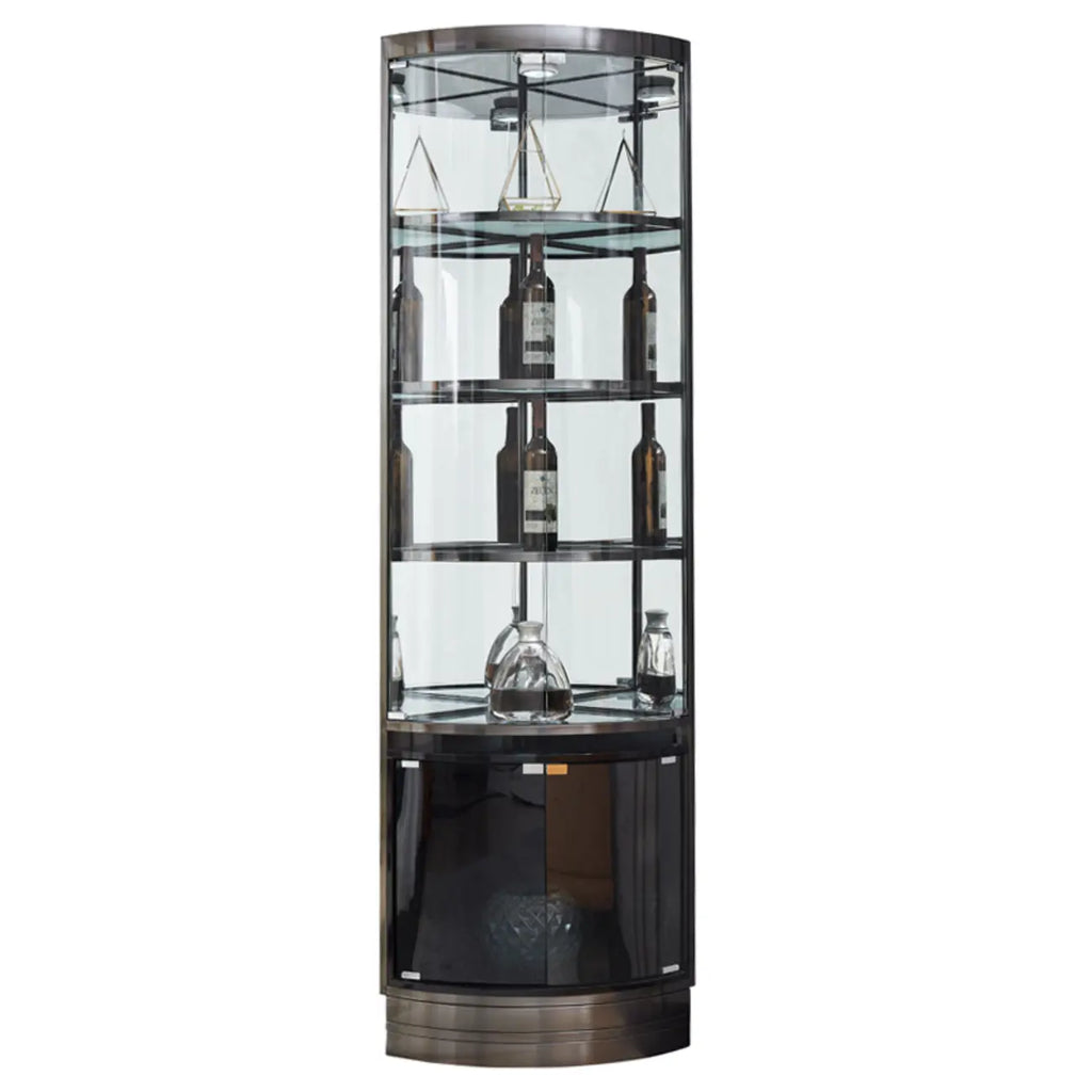 Meuble d'angle à vin avec étagères en verre et métal à plusieurs niveaux