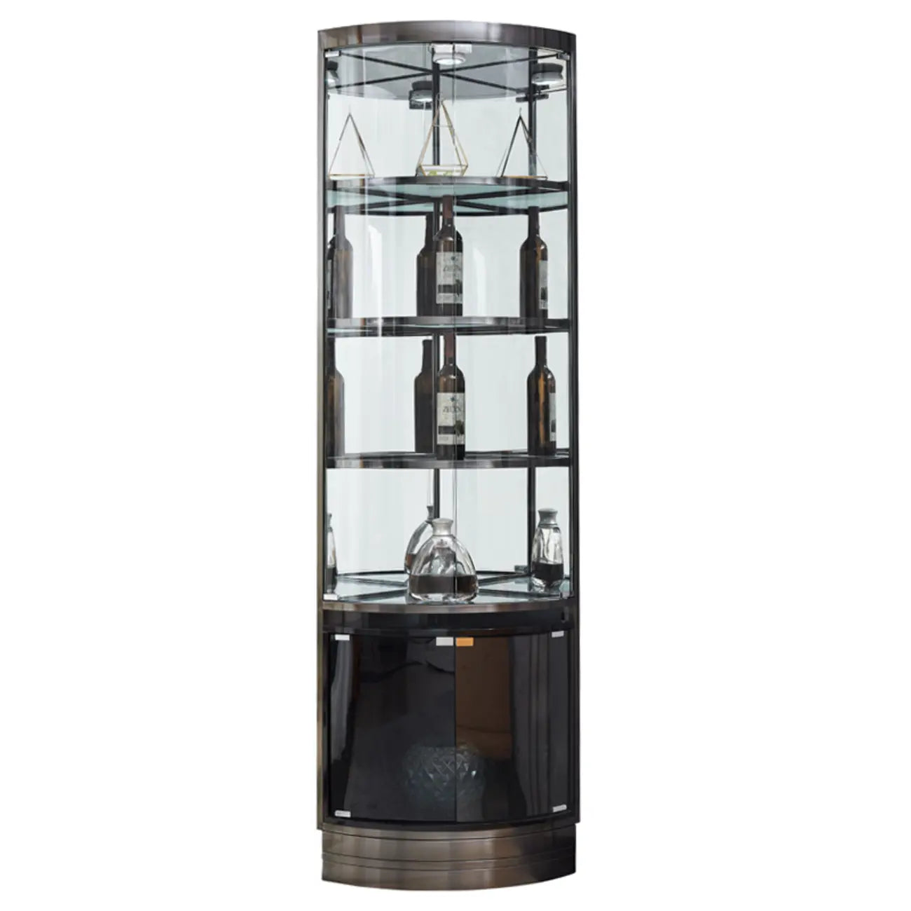 Meuble d'angle à vin avec étagères en verre et métal à plusieurs niveaux