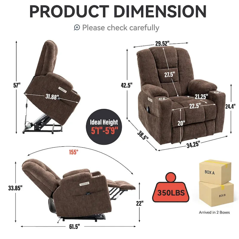 Fauteuil inclinable Power Lift avec massage et chaleur, fauteuils inclinables larges et rembourrés Lazy Boy avec ports USB, Type C et 2 porte-gobelets en acier