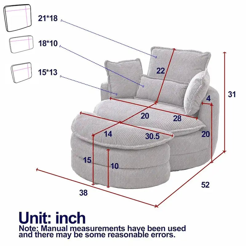 Fauteuil pivotant surdimensionné avec pouf de rangement lune et 4 oreillers
