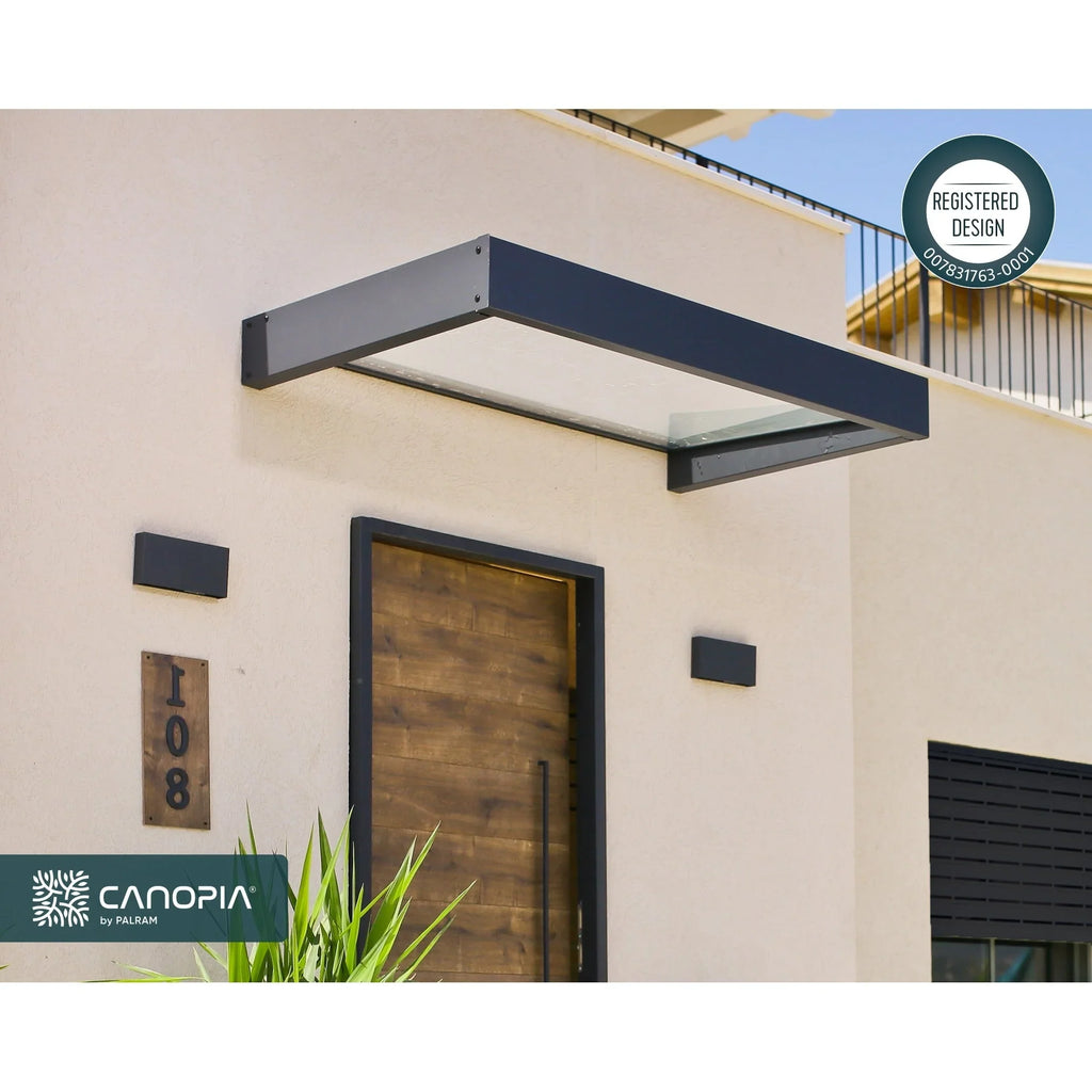 Auvent Sophia gris transparent pour portes et fenêtres de 0,9 m
