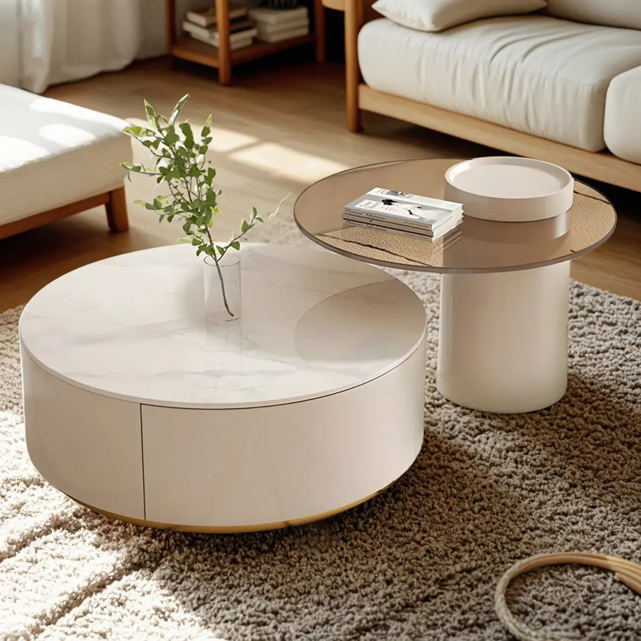 Table basse de forme tambour, ronde, en bois, moderne, blanche avec tiroir