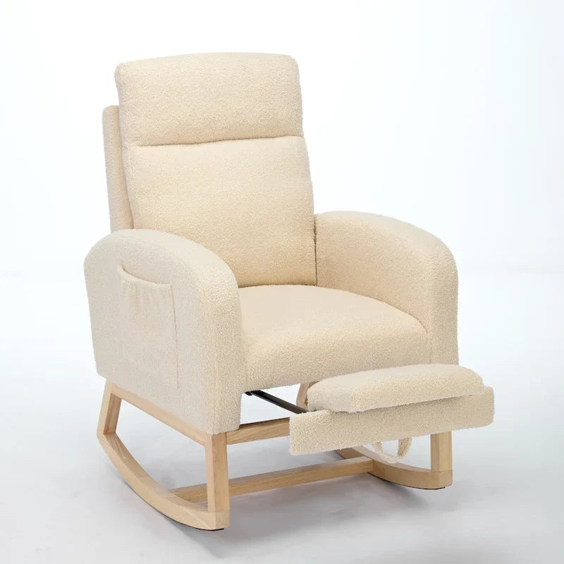 Fauteuil à bascule rembourré moderne de 75 cm de hauteur avec dossier haut, pieds en bois massif et repose-pieds réglable
