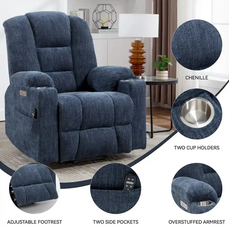 Fauteuil inclinable Power Lift avec massage et chaleur, fauteuils inclinables larges et rembourrés Lazy Boy avec ports USB, Type C et 2 porte-gobelets en acier