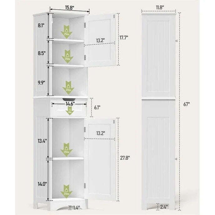 Meuble de Salle de Bain Haut de 170 cm, Colonne de Rangement Étroite avec 2 Portes et Tiroir