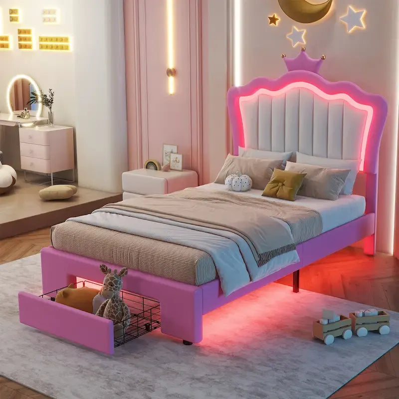Cadre de lit double rembourré avec lumières LED, lit de princesse moderne rembourré avec tête de lit en forme de couronne, un tiroir, rose+blanc