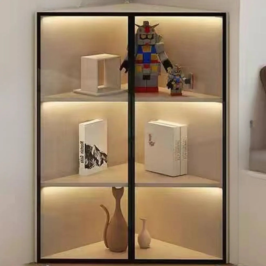 Meuble d'angle d'exposition moderne en bois et métal gris avec porte vitrée