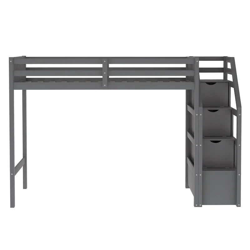Lit mezzanine double sur lit double en bois avec escalier, balustrades hautes et échelle