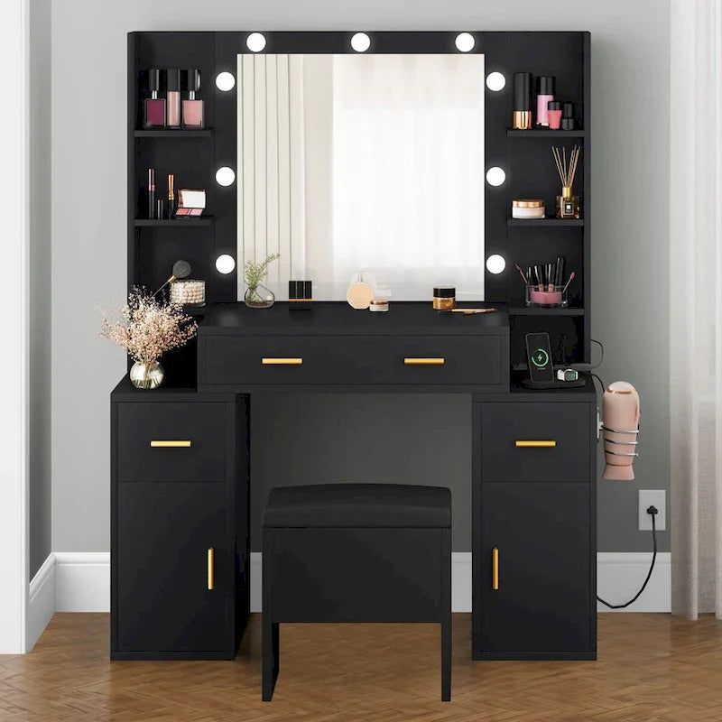 Coiffeuse avec prises intégrées et miroir éclairé, 55,1H x 43,3L x 15,74P