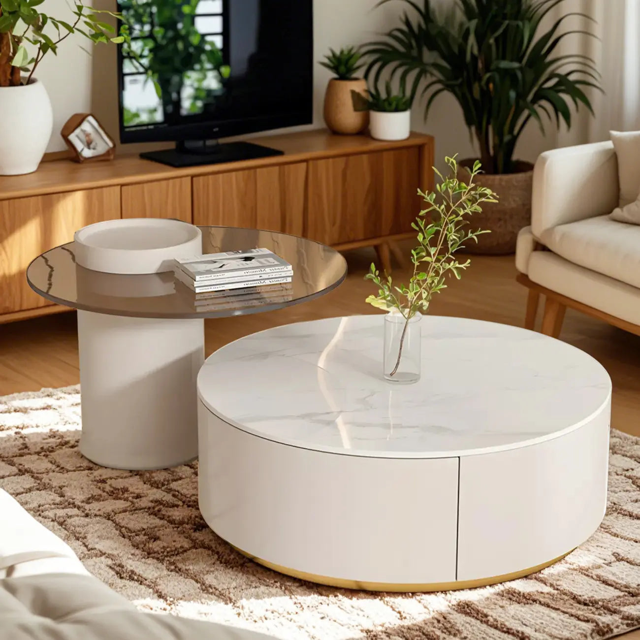 Table basse de forme tambour, ronde, en bois, moderne, blanche avec tiroir
