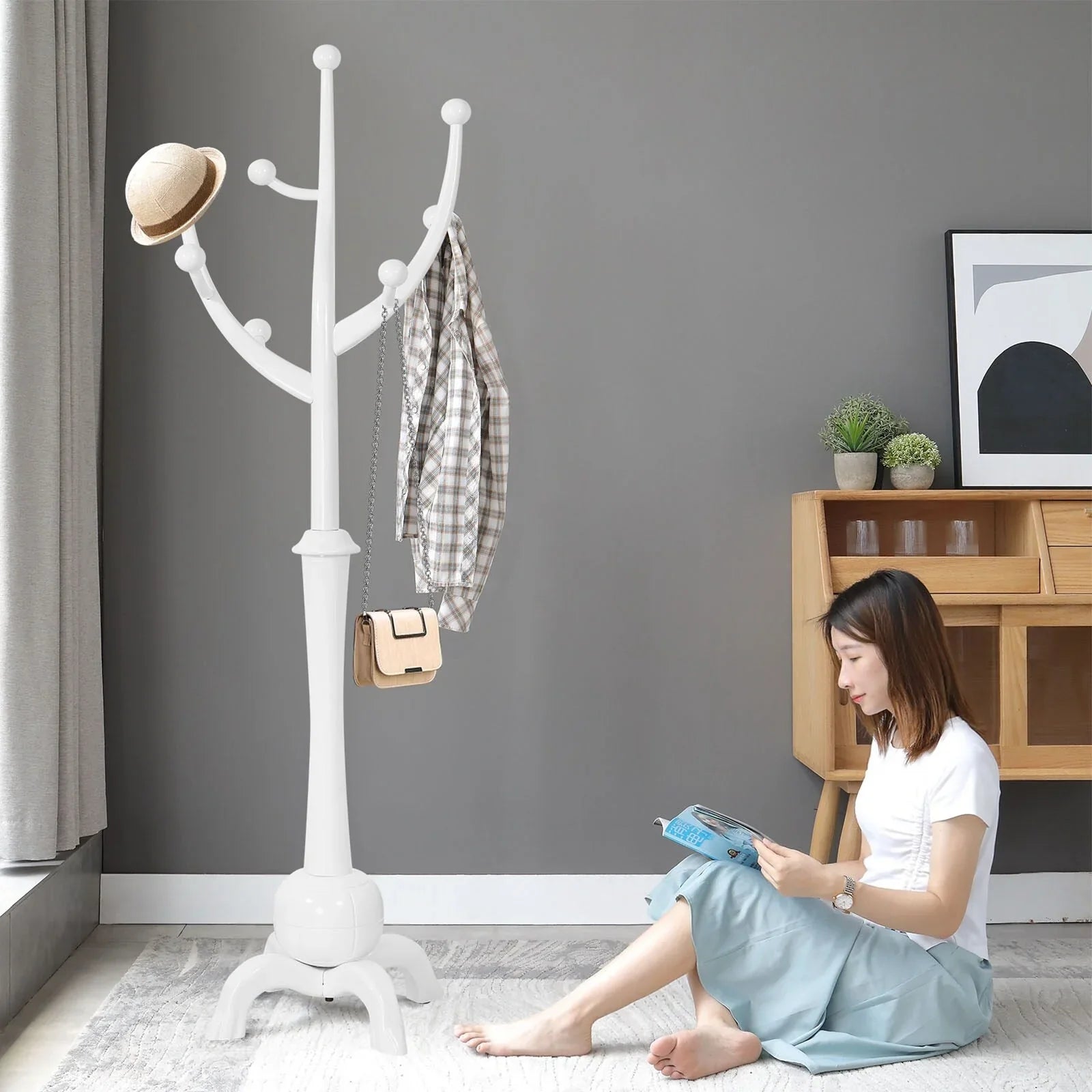 Porte-manteau sur pied en bois d'hévéa à motif de branches d'arbre avec 8 crochets - 24,5 l x 70,87 h