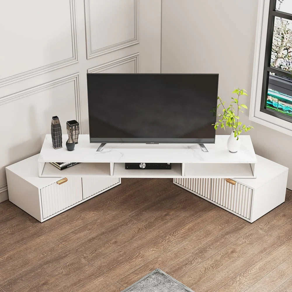 Meuble TV d'angle moderne blanc avec 2 tiroirs et rangement ouvert