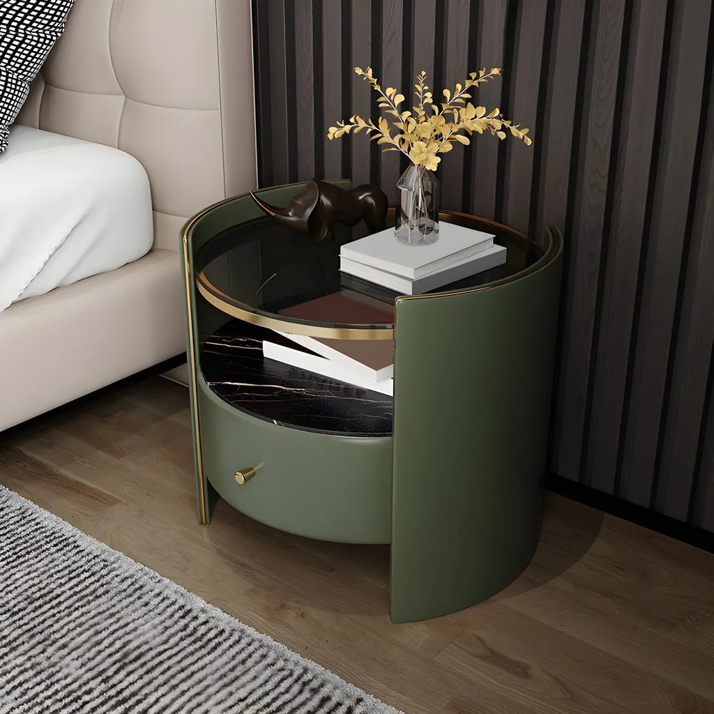 Table de chevet de luxe en verre avec tiroir de rangement et niche ouverte