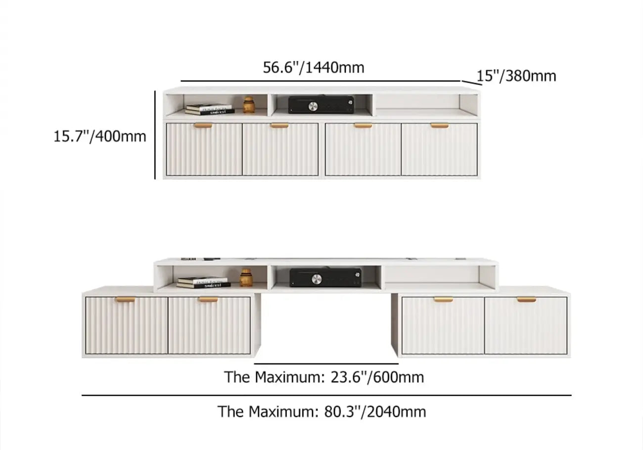Meuble TV d'angle moderne blanc avec 2 tiroirs et rangement ouvert