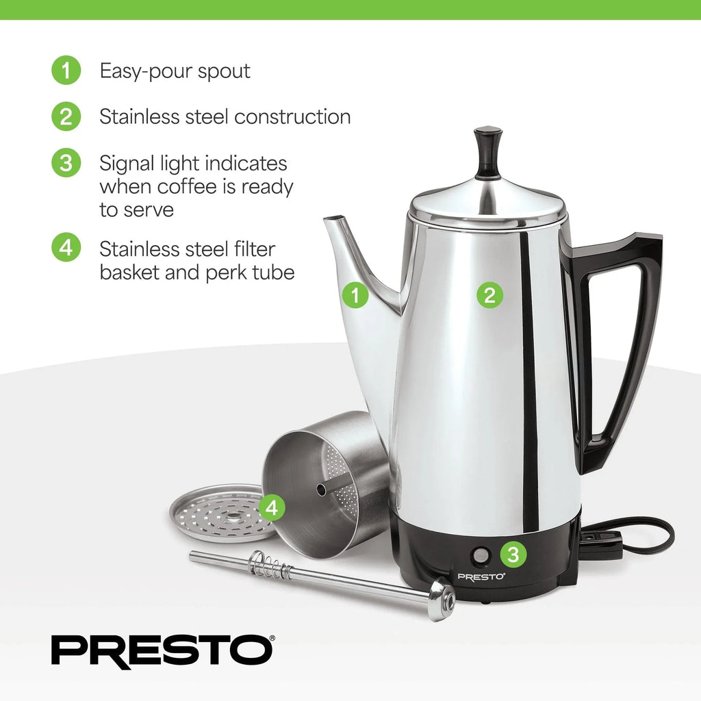 Cafetière à percolateur Presto en acier inoxydable, 12 tasses, robuste, argent - 2.79