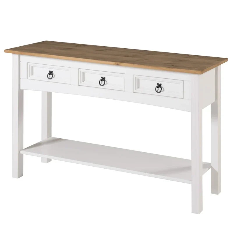 Console de couloir rustique en pin massif, blanc cérusé / marron antique / gris cérusé / non peinte, 3 tiroirs