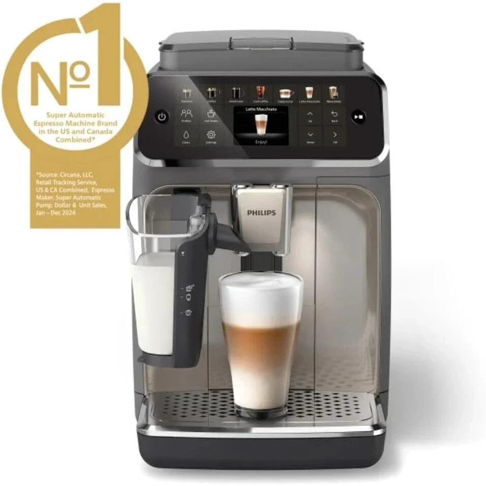 Machine à café expresso haut de gamme, 12 cafés chauds/froids, système LatteGo, broyeur céramique, chrome noir