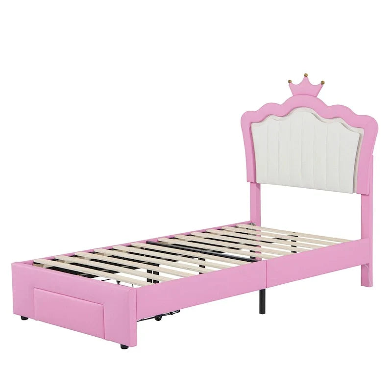 Cadre de lit double rembourré avec lumières LED, lit de princesse moderne rembourré avec tête de lit en forme de couronne, un tiroir, rose+blanc