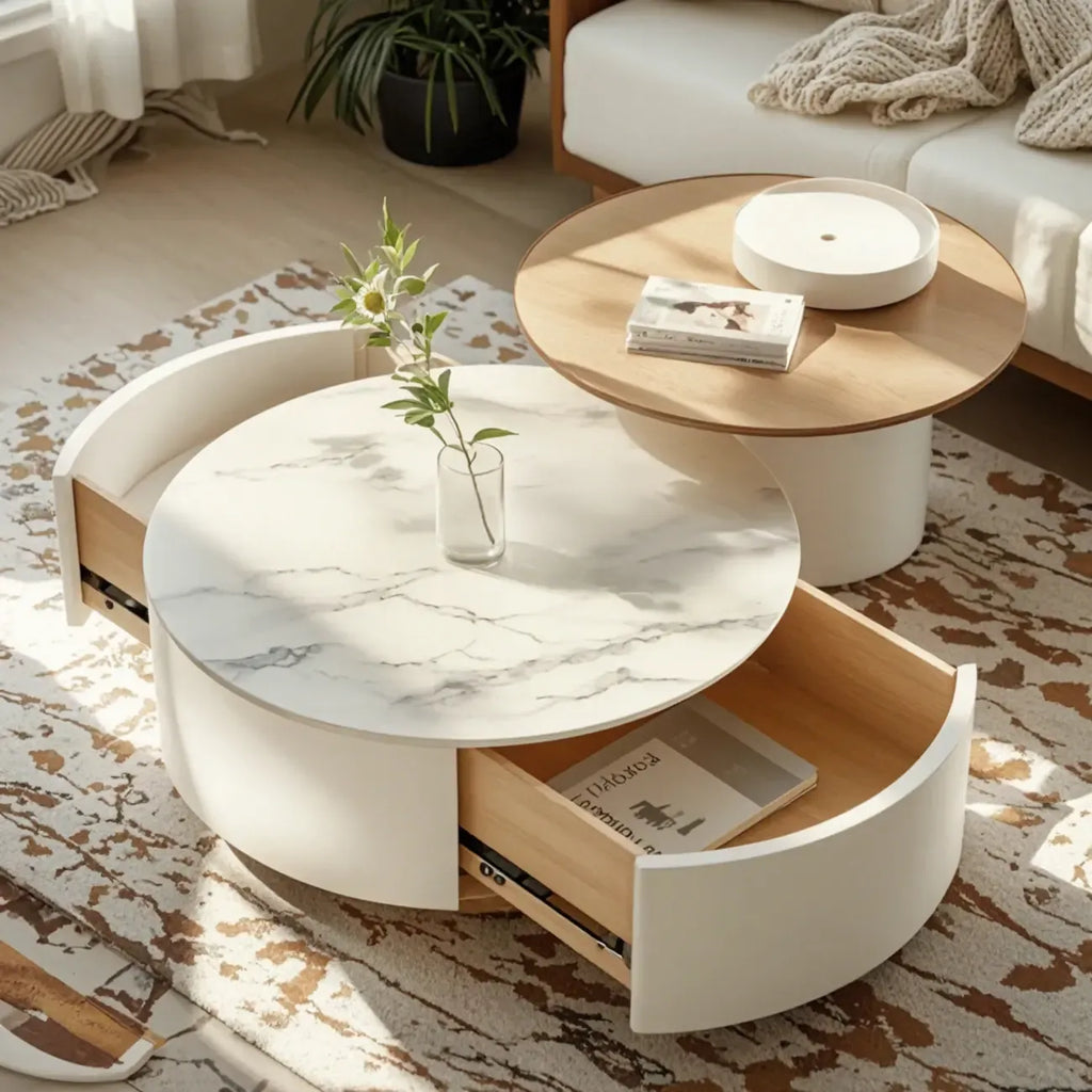 Table basse de forme tambour, ronde, en bois, moderne, blanche avec tiroir